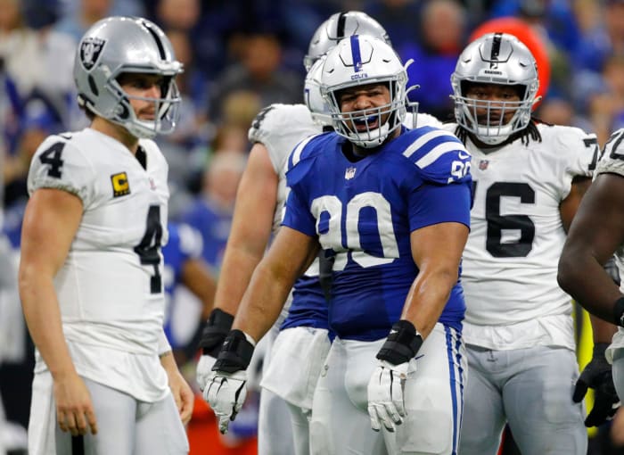 Indianapolis Colts defensive tackle Grover Stewart (90) celebrates after a stop Sunday, Jan. 2, 2022, during a game against the Las Vegas Raiders at Lucas Oil Stadium in Indianapolis.